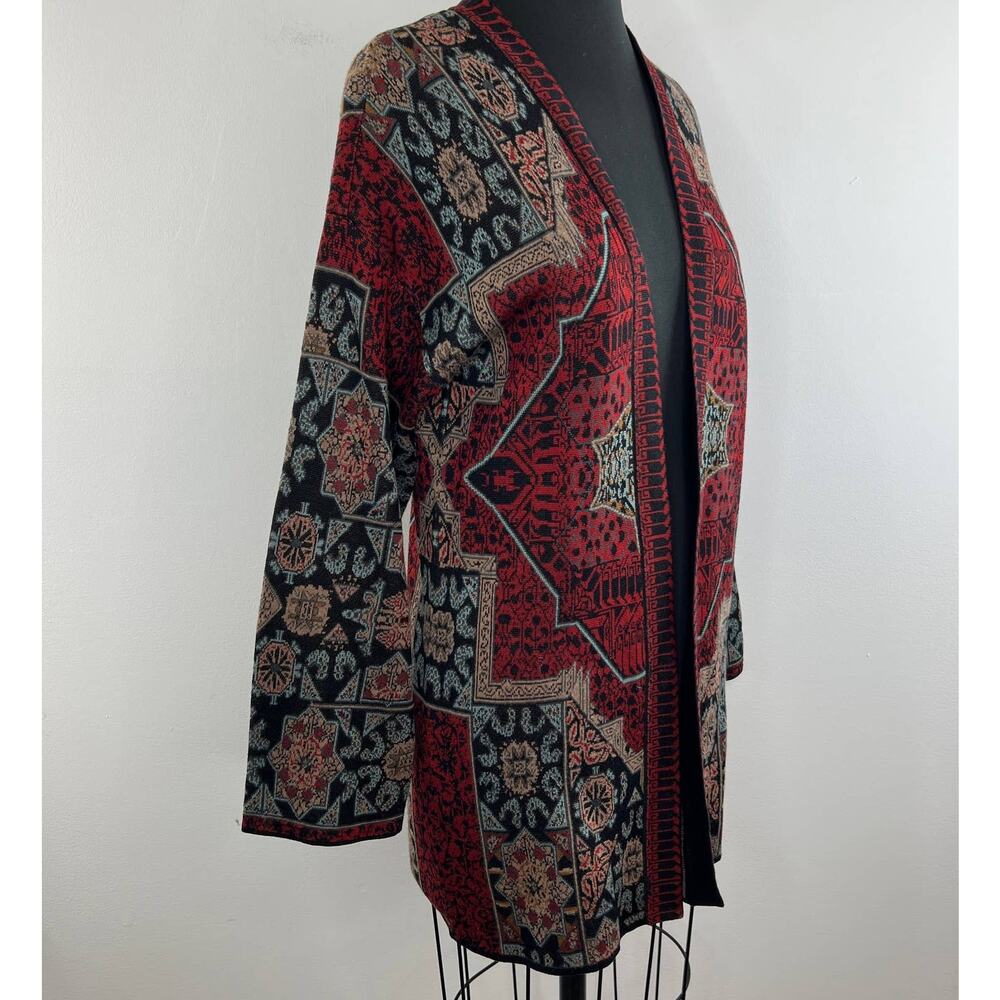 Peruvian Connection Open Front Cardigan Sweater Red Medallion Red Long Slv Sz S - Picture 3 of 6